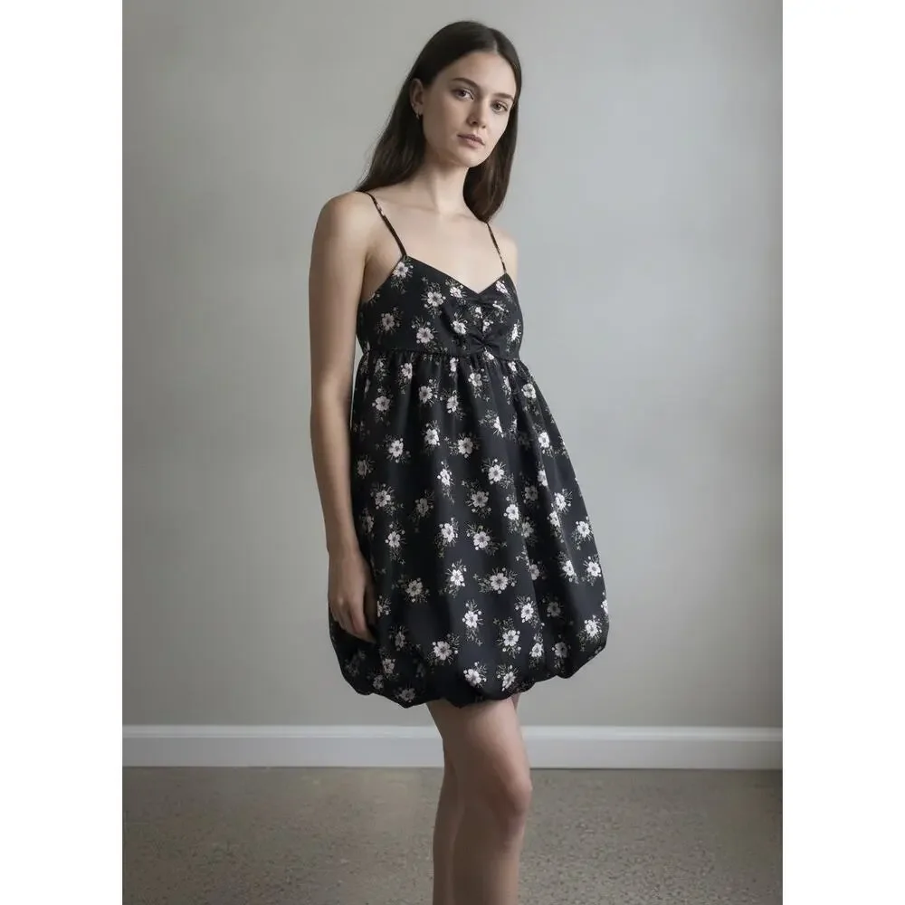 Free People In A Bubble, Bubble Hem Mini Dress in Black Floral, Med NWT